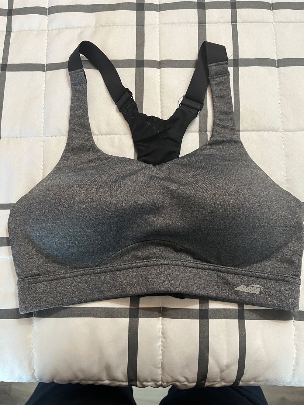 Avia Charcoal Gray Racerback Sports Bra with Black Straps